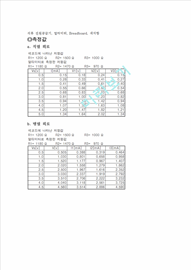 [물리학실험 레포트 보고서] 일반물리학 7주차 실험 - 24장 직류회로.hwp